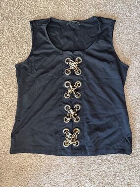 INC International Concepts Black Tank with Leopard-Print Ribbon & Gold Eyelets